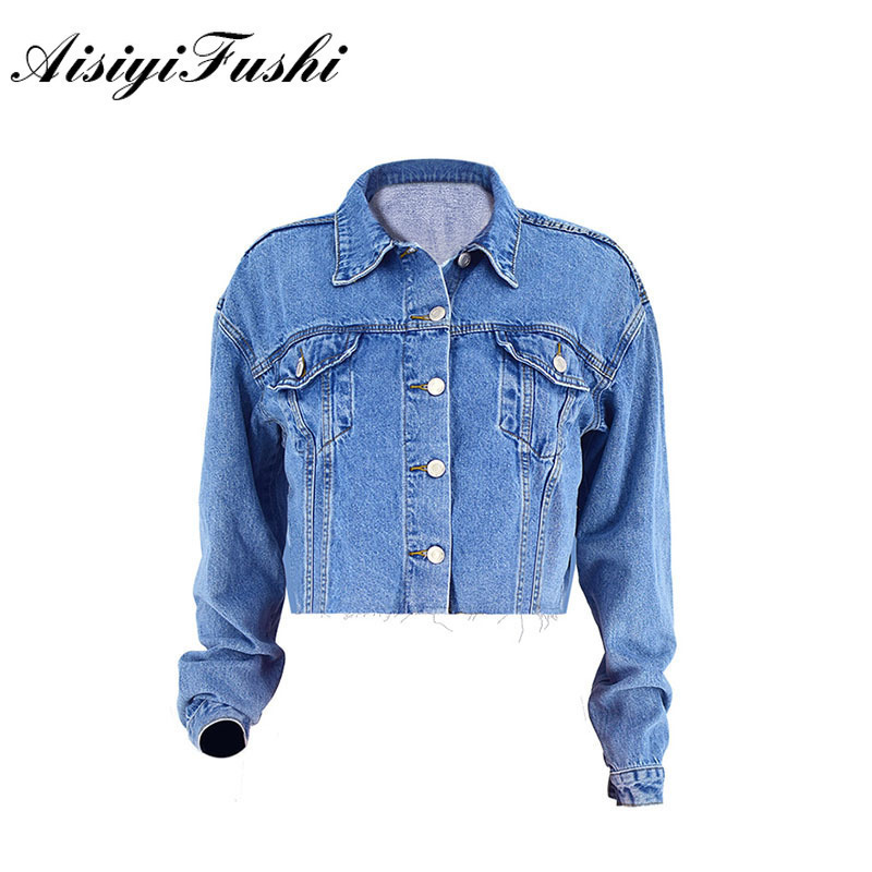 AISIYIFUSHI Boyfriend Style Cropped Jean Jacket Women Summer Blue Denim Jacket Longsleeved Womens Jackets Coats for Spring T200113