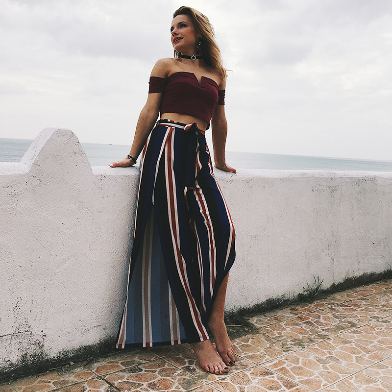 High Street Loose Striped Wide Leg Pants Holiday Full Length High Slit Chiffon Palazzo Pants Women LJ201130