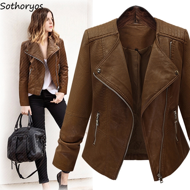 Jackets for Women PU Leather Plus Size Turn-down Collar Solid All-match Jacket Womens Simple Slim Elegant Ladies European Coats 201106