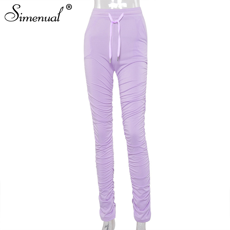 Simenual Ruched High Waist Women Stacked Pants Casual Solid Bodycon Fashion Long Trousers Workout Streetwear 2020 Summer Pants T200607