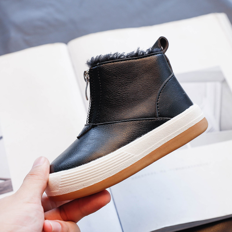 Children Cotton Shoes New Winter New Korean Fashion Front Zipper Princess Leather Boots Boy's Plush Warm Snow Boots D10062 201201