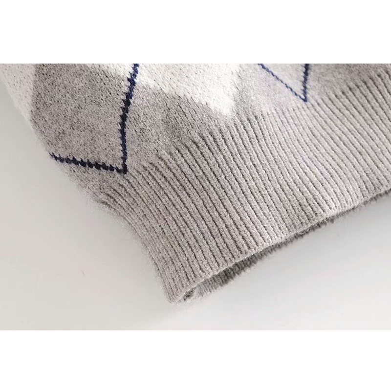 Women Pullover Sweater Retro Fall Winter Fashion Diamond Plaid Pullover Women Sweater Cute British Style Sweater Top 201223