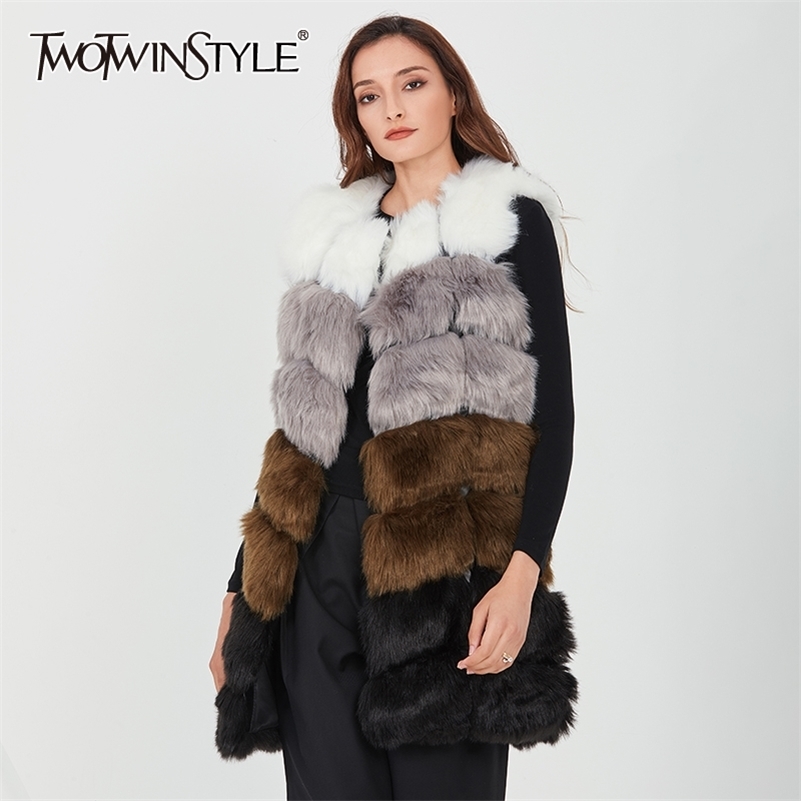TWOTWINSTYLE Hit Color Fur Coat For Women O Neck Sleeveless Patchwork Loose Vest Coat Female Winter Fashion New Clothes 201211