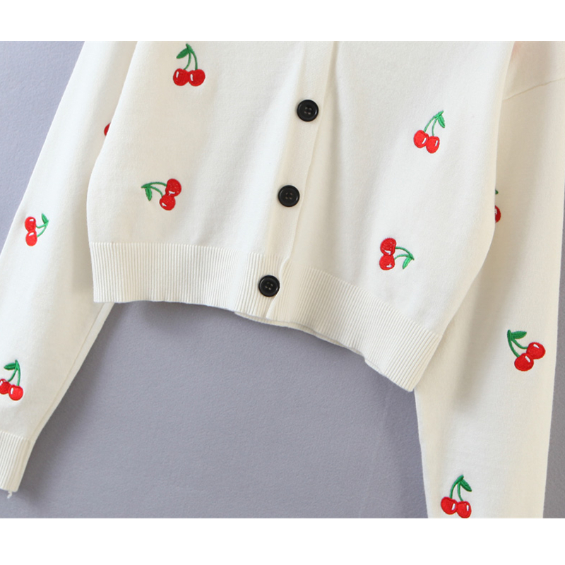 Sweet Cute Kawaii Pink Cherry Embroidery Women Autumn Knitted Cardigan Tops Chic V-neck Single-breasted Sweaters 201222