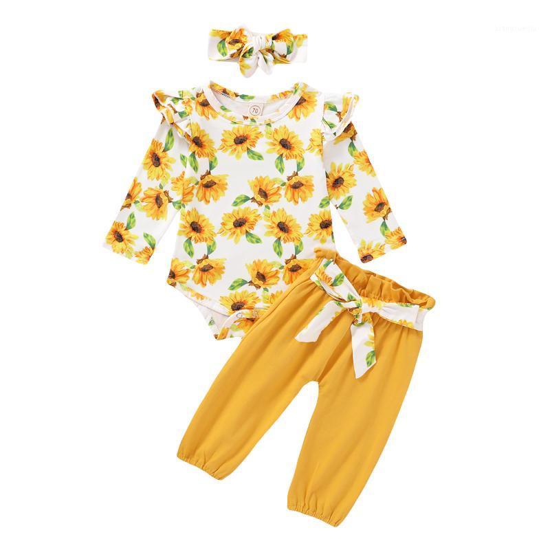 New Autumn Newborn Baby Girl Floral/Leopard Printed Outfits Long Sleeve Romper+ Pants+Bowknot Headband+Waist Belt 2Pcs Set 0-18M1