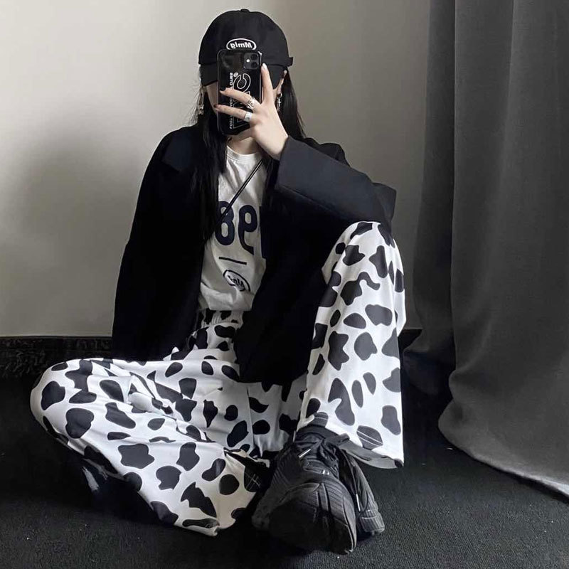 HOUZHOU Cow Print Summer Korean Style Wide Leg for Fashion Women Vintage Joker Palazzo Pants 201111