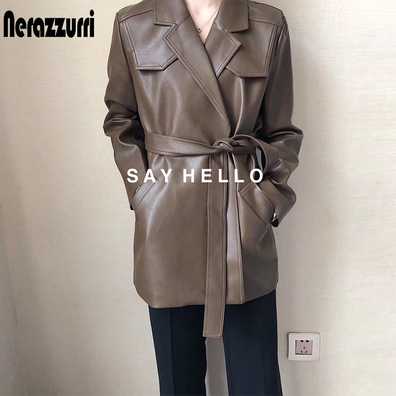 Nerazzurri Loose pu faux leather blazer women fall with belt long sleeve Black oversized leather jacket women 5xl 6xl 7xl 201020