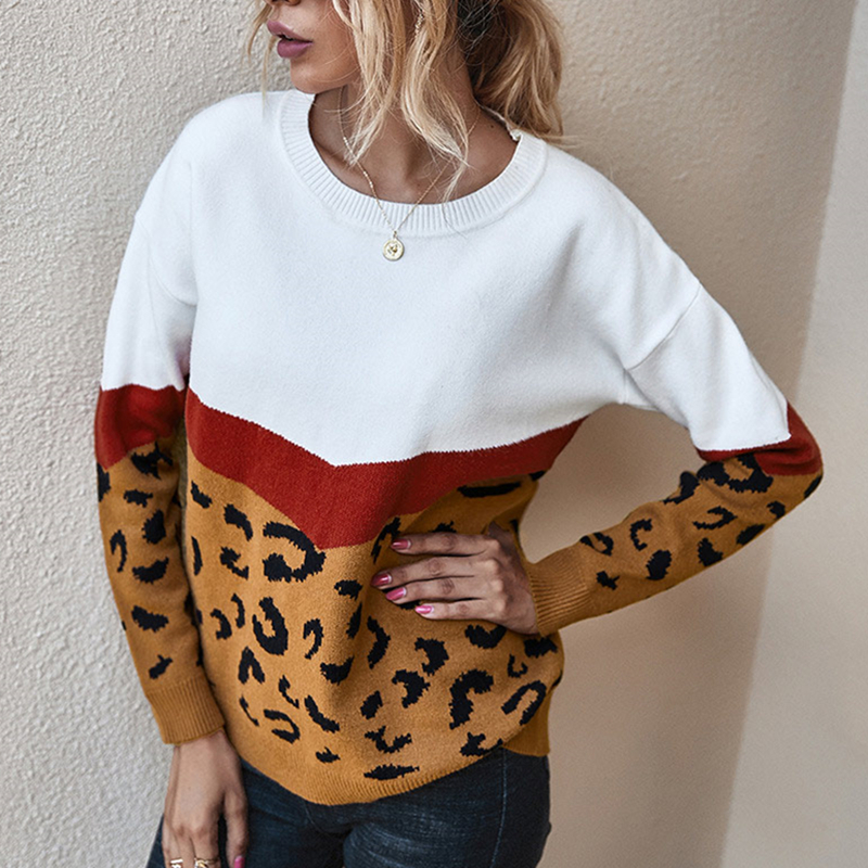 Leopard Print Women Sweater Colorblock Patchwork Loose Female Pullover Contrast O-Neck Casual Autumn Winter Lady Jumper 201221