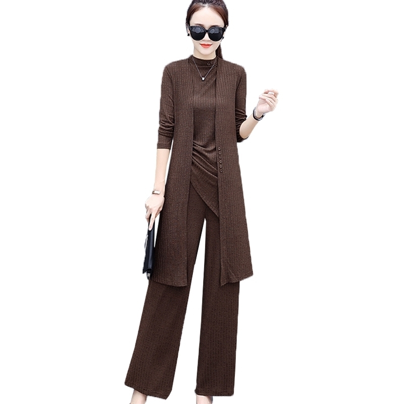 Women Tracksuit Long Sleeve Cardigan and Sleeveless Pullover Tops and Wide Leg Pants Suit Women's Sets Knitted 3 Pieces Set 984A 201120
