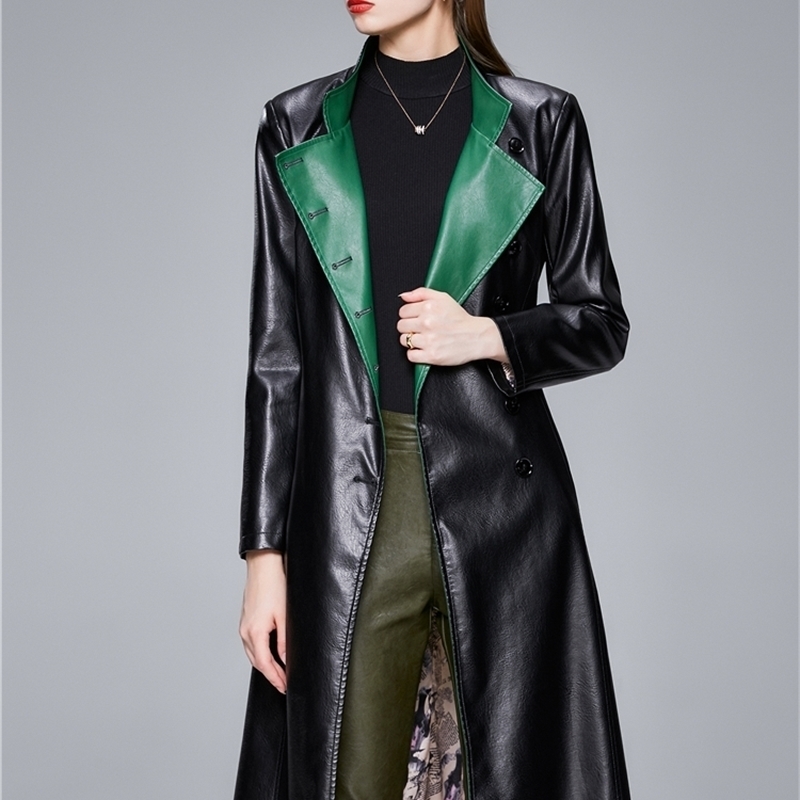 Women Black Red Pleated Big Size Pu Leather Trench New Lapel Long Sleeve Loose Windbreaker Fashion Spring Autumn 201031