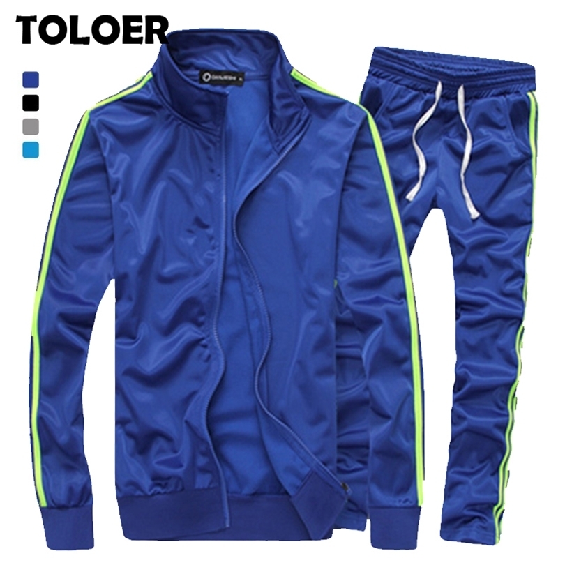 Men Tracksuit Casual Solid Striped Zipper Sets 2 Pc Jackets Pants Male Spring Autumn Sportswear Sporting Suit Outwear 201210