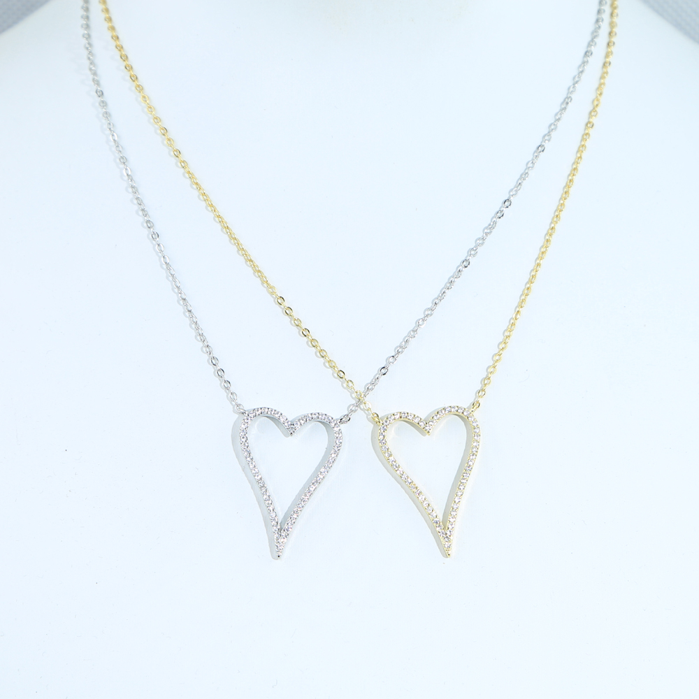 New styles Heart Pendant Iced Out Bling Lovely Heart Charm Open Link Chain Statement Necklace 41+5cm Women wedding Jewelry Gift
