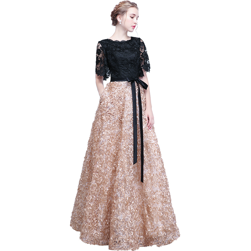 Ladybeauty Vintage Black ALine Lace Long Evening Dresses Half Sleeves Beaded scoop neck long appliques evening dress prom dress 201114