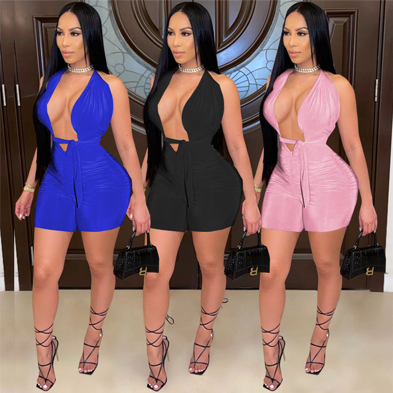 Wholesale Backless Jumpsuits Women Bodycon Romers Sexy V Neck Sleeveless Playsuits Casual Solid Overalls Club Wear Bulk 6972