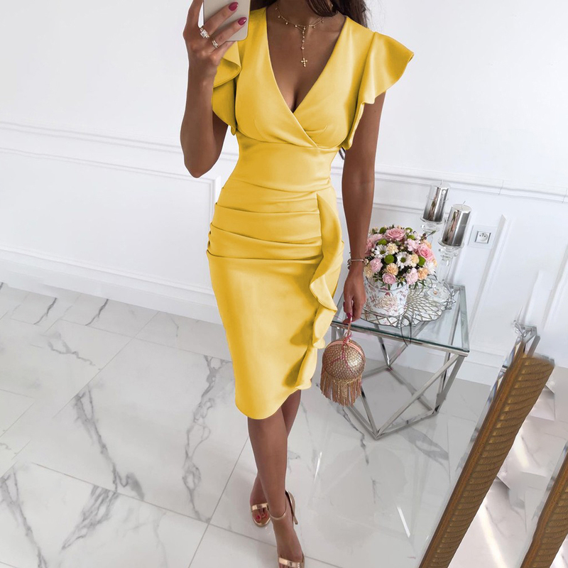 Sexy V-Neck Slim Office Lady Dress Ruffle Short Sleeve Bodycon Knee-length es For Women Casual Summer Woman Work 220210