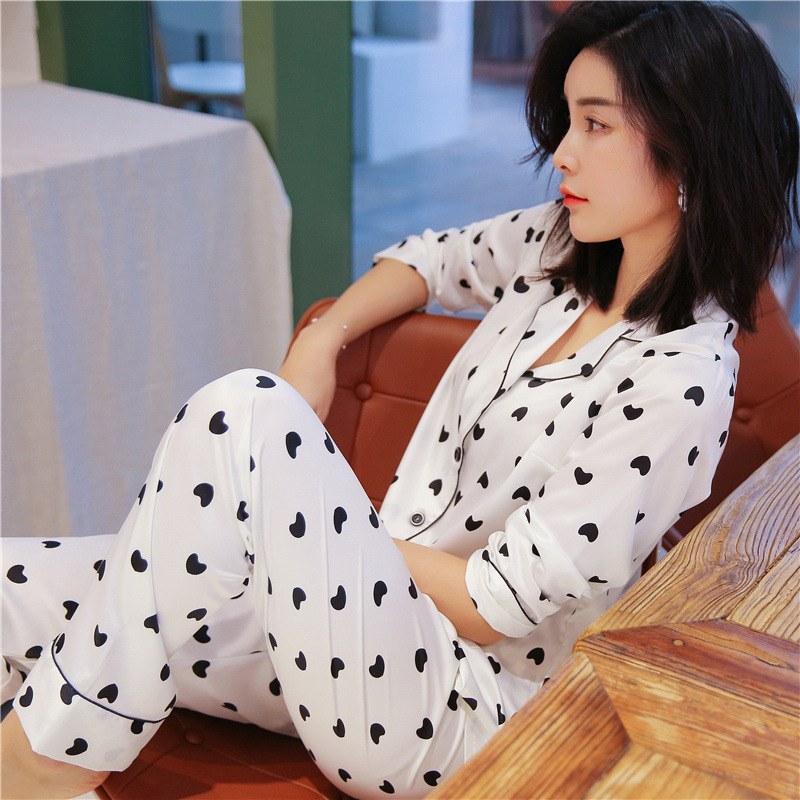 MECHCITIZ silk pajamas for women autumn spring pijamas set full length top and pants home suit white black sleepwear clothing 210203