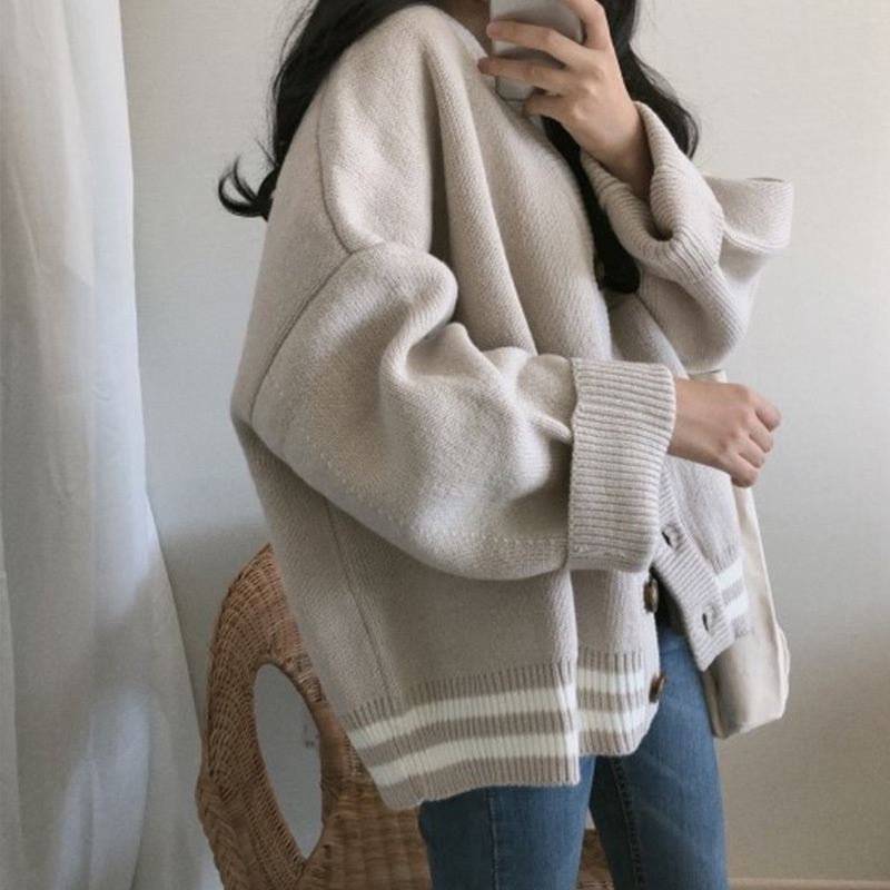 Autumn Korean V-neck Sweater Knitted Cardigan Women Harajuku Loose Long Sleeve Coat Femme Oversize Knitting Sweaters Female 201030