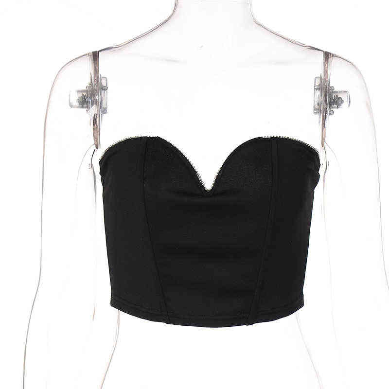 Women Strapless Corset Tube Top Summer Rhinestone Deep V Neck Off Shoulder Camis Vest Female Basic Crop Top Black Party Yuqung Y220308