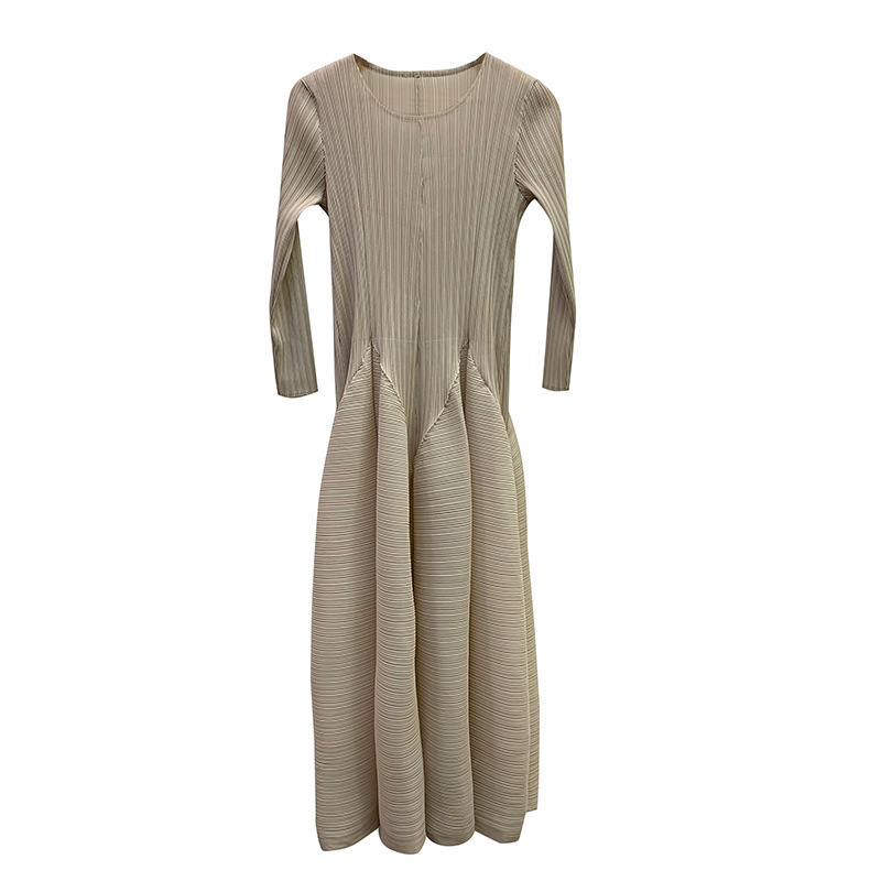LANMREM New fashion floor length round collar full sleeves pleated loose elastic pleating long dress female party vestido 201126