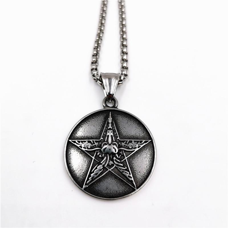 Satan five-pointed star round necklace stainless steel silver-plated pendant necklace Mu Jie amulet fashion jewelry
Satan five-pointed star round necklace stainless steel silver-plated pendant necklace Mu Jie amulet fashion jewelry