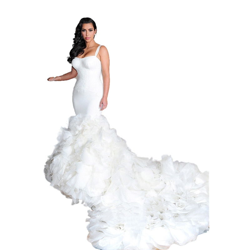 Luxury Kim Kardashian Wedding Dress Ruffled Organza Trumpet Chapel Long Train Bridal Gowns Straps Sleeveless OPen Back Ivory Bride Wedding Dresses