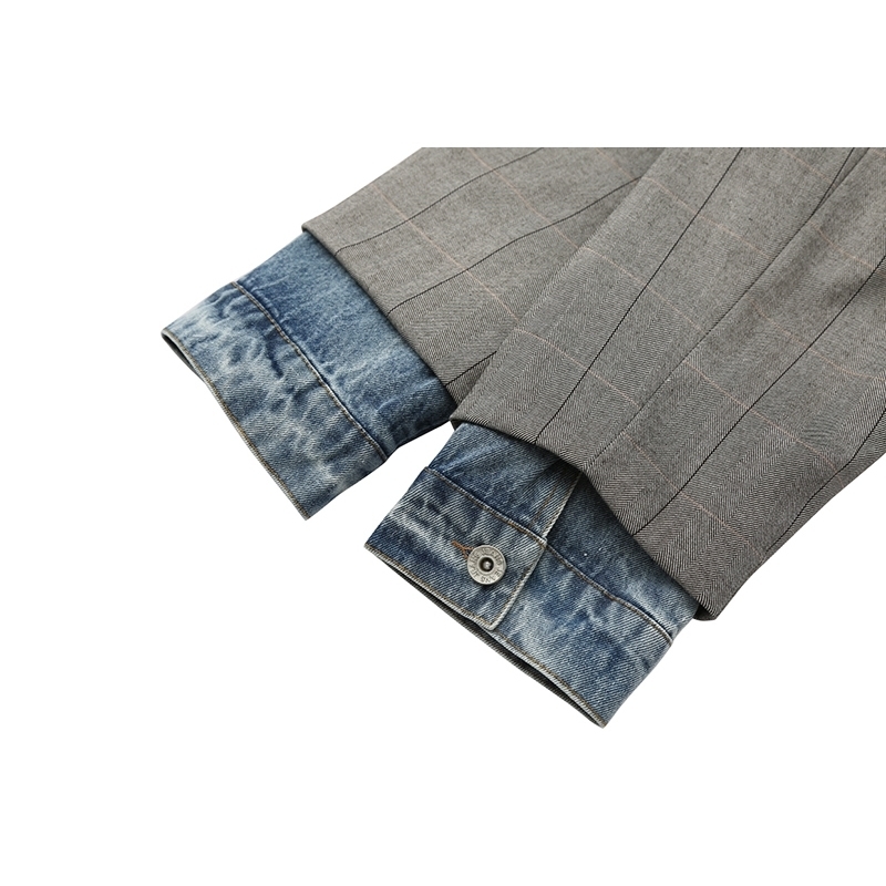 [EAM] Women Gray Plaid Back Denim Big Size Blazer New Lapel Long Sleeve Loose Fit Jacket Fashion Tide Spring Autumn 1X216 201201