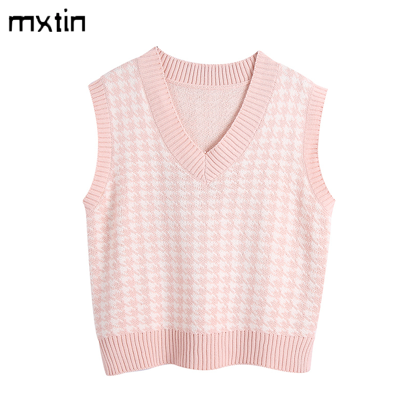 women fashion oversized knitted vest sweater V neck sleeveless houndstooth loose female waistcoat chic tops 201030