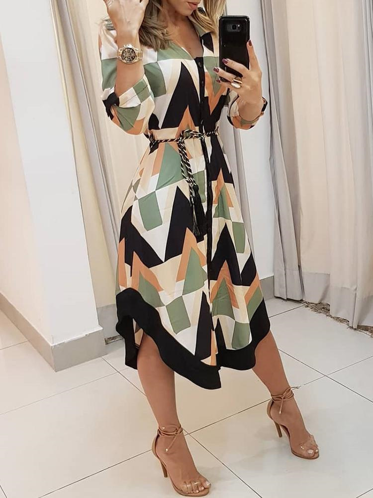 Summer Women Elegant Vacation Stylish Leisure Dress Female Slimming Colorblocked Geo Print Asymmetrical Casual Dress T200107