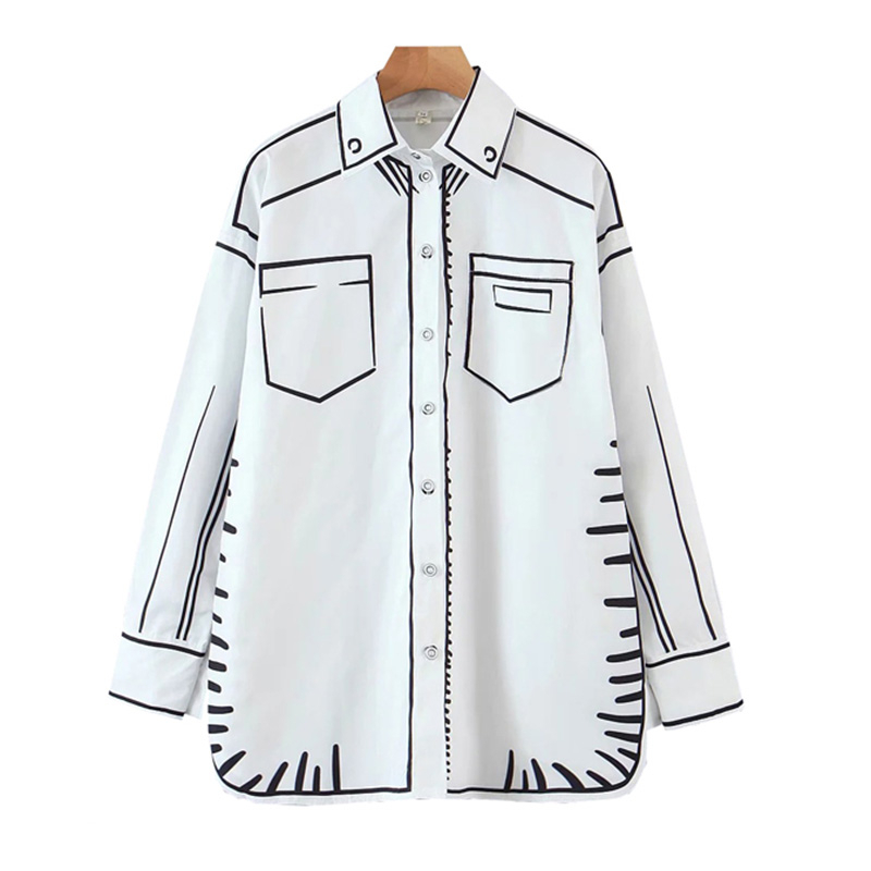 LANMREM autumn Graffiti print white shirt famale long sleeve new streetwear singlebreasted fashion top 2A300 201201