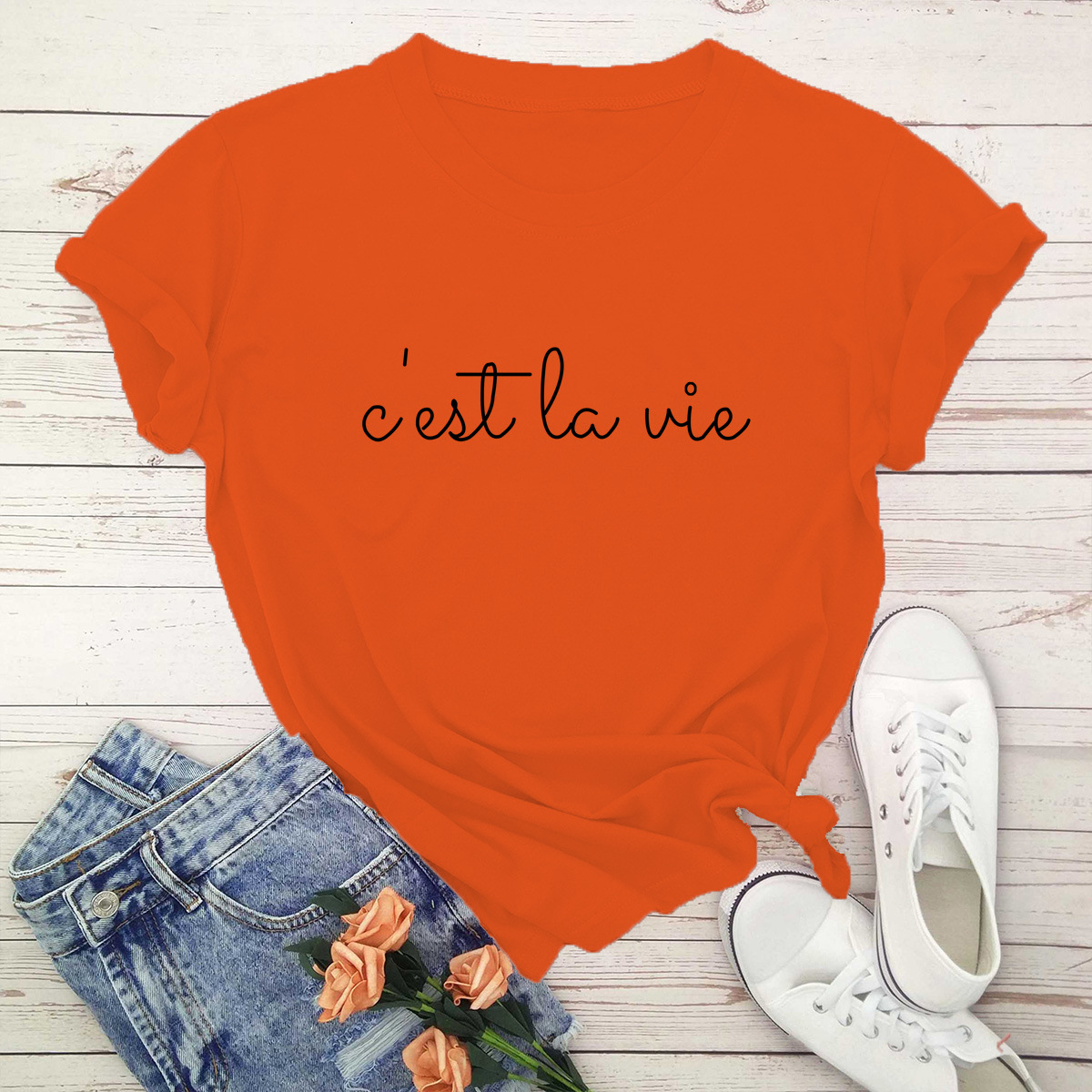 Women's wear European and American printed cross border T-shirt women's round neck Cotton Short Sleeve Top, Orange
Women's wear European and American printed cross border T-shirt women's round neck Cotton Short Sleeve Top, Orange