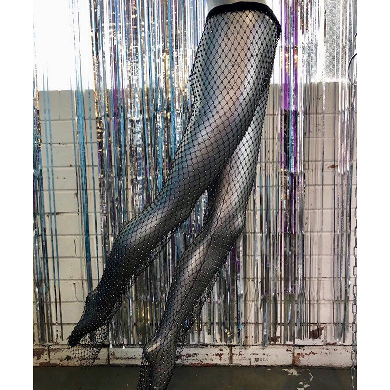 Shiny Crystal Rhinestones Fishnet Sexy Tunic Pants Women Long Bottoms Mesh Hollow Out Transparent Club Party Trousers T200606