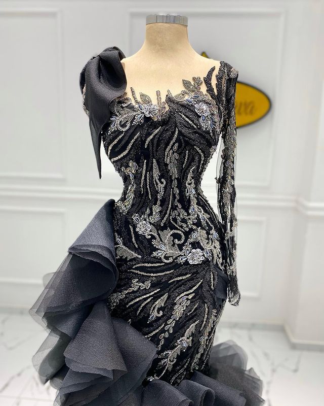 Aso Ebi Lace Mermaid Evening Dresses: Black urious Prom & Party Gowns ZJ440