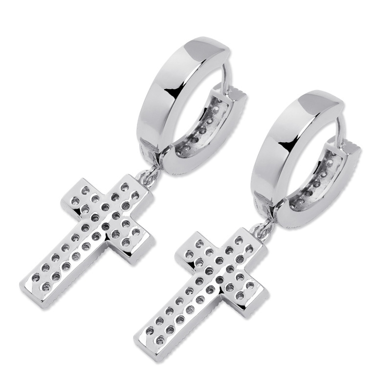 Hip Hop Cross Dangle Earrings Jewelry Gold Silver Fashion Mens Double Row Zircon Earring