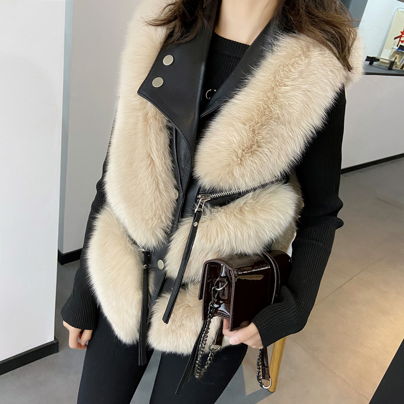 2020 new design womens turn down collar PU leather patchwork faux fur zipper decoration sleeveless short vest coat casacos