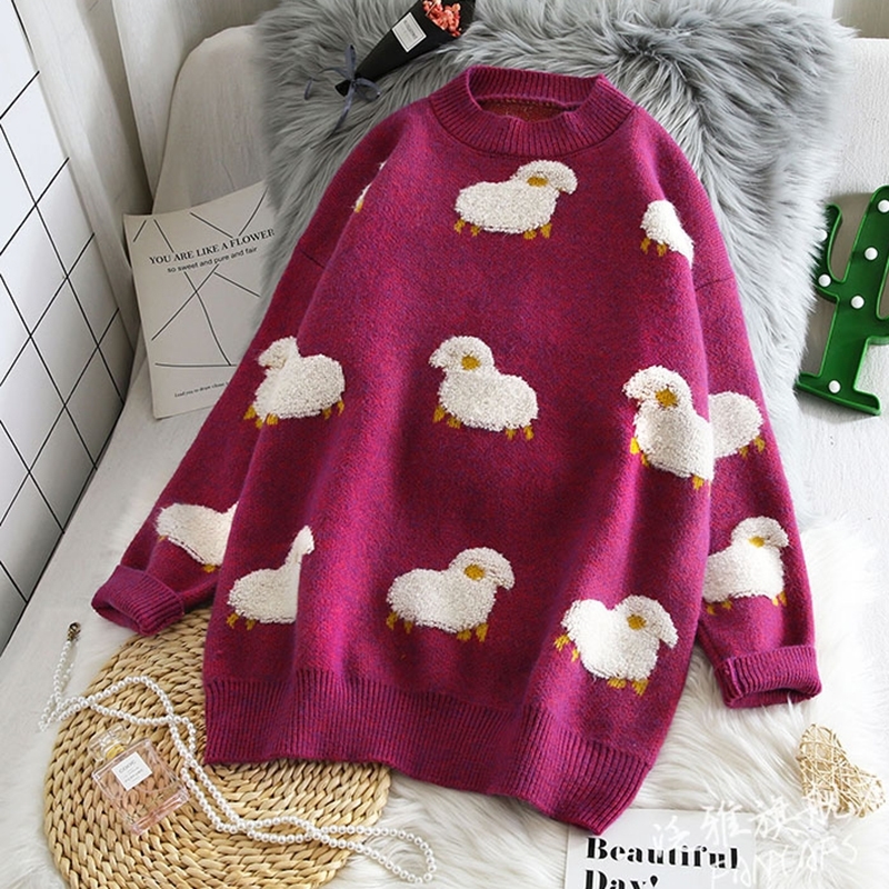 AZYT Cartoon Sheep Print Pullover Sweater Women O Neck Loose Knit Women's Jumpers Autumn Winter Fashion Knitwear Coat 201203, Burgundy
AZYT Cartoon Sheep Print Pullover Sweater Women O Neck Loose Knit Women's Jumpers Autumn Winter Fashion Knitwear Coat 201203, Burgundy