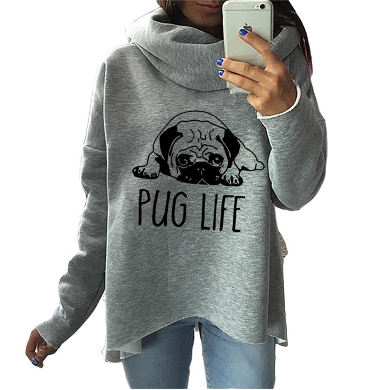 Cute Pug Dog Anime Christmas Clothes Women Winter Hoodies Scarf Collar Fashion Casual Autumn Sweatshirts Rough Pullovers 201217