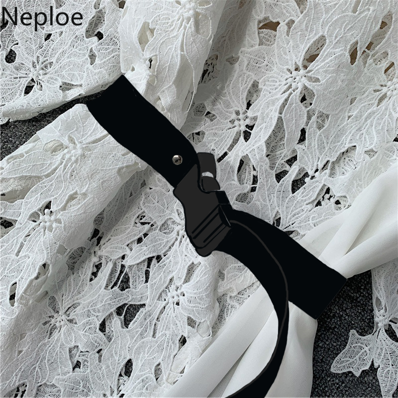 Neploe White Irregular Women Blouse Fashion Patchwork Hollow Out Lace Blusas Belted Elegant Office Lady Long Blouses Tops T200321