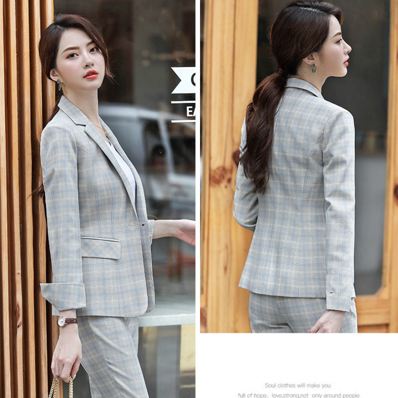 Temperament Women's Plaid Suit Pants Sets Autumn high quality slim plaid ladies jacket suit Casual trousers Twopiece 2019 New T200818