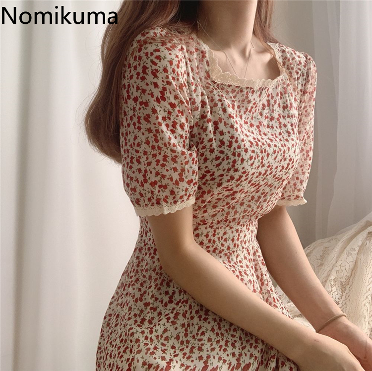 Nomikuma Square Collar Short Sleeve Elegant Dress Lace Patchwork Floral Print Slim Waist A Line Dresses Korean New Vestido 3a413 T200613
