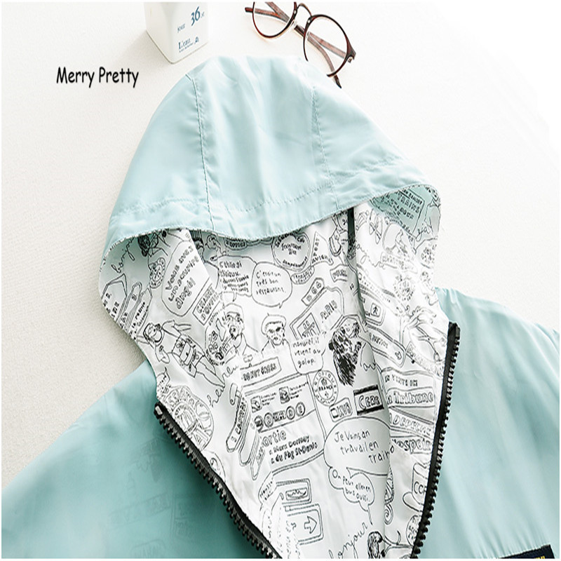 MERRY PRETTY Autumn Women Bomber Basic Jacket Pocket Zipper Hooded Two Side Wear Cartoon Print Outwear Loose Coat 201017