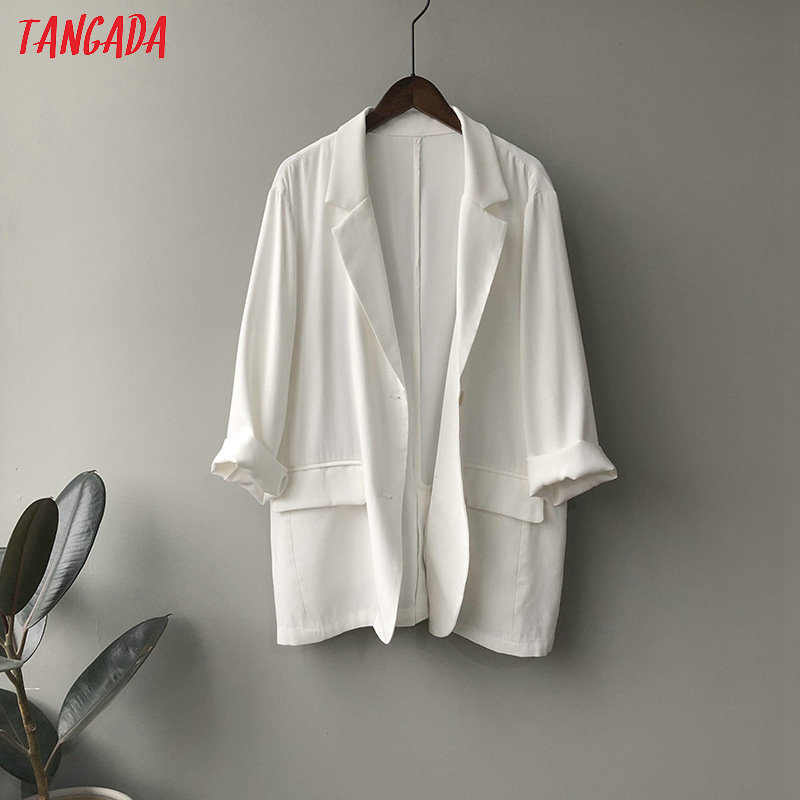 Tangada women spring thin white blazer female elegant jacket casual suits high quality ASF39 201114