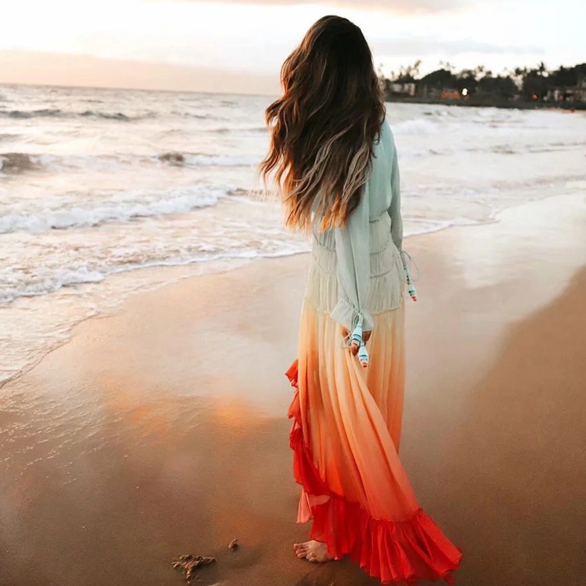 Jastie Chic Rainbow High Low Dress Women V-Neck Tiered Ruffle Trim Summer Dresses Casual Beach Boho Dress Chiffon Long Vestidos LJ201202