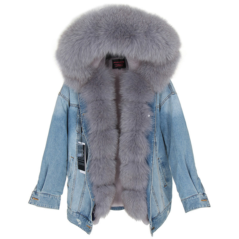 Maomaokong natural rabbit fur lined denim jacket fox fur coat coat fashion denim fox fur warm lady winter jacket women parka Y201006
