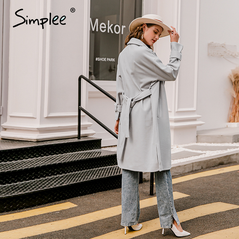 Simplee Elegant light grey autumn winter female long coat Office ladies wool blend overcoat Causal pocket fashion coat jacket 201216