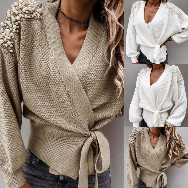2020 Ladies Long Sleeve V-neck Bowknot Pearl Pure Color Waist Knit Cardigan Fashion Sweater Pull Femme Hiver, Kh
2020 Ladies Long Sleeve V-neck Bowknot Pearl Pure Color Waist Knit Cardigan Fashion Sweater Pull Femme Hiver, Kh
