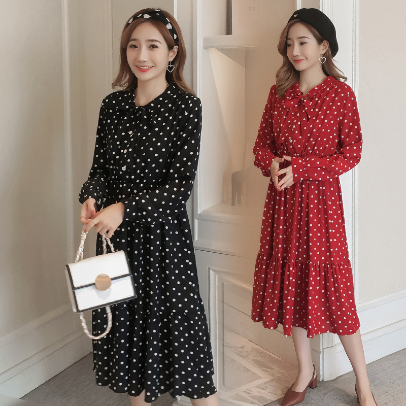 8950# Maternity Clothes Spring Autumn Chiffon Long Sleeves Loose Polka Dot A Line Dress for Pregnant Women Mom Dress LJ201123