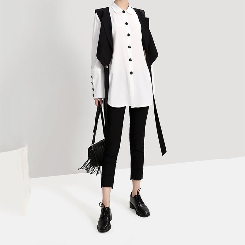 [EAM] Women Two Piece Blouse Strap Black Button New Lapel Long Sleeve Loose Fit Shirt Fashion Tide Spring Autumn LJ200922