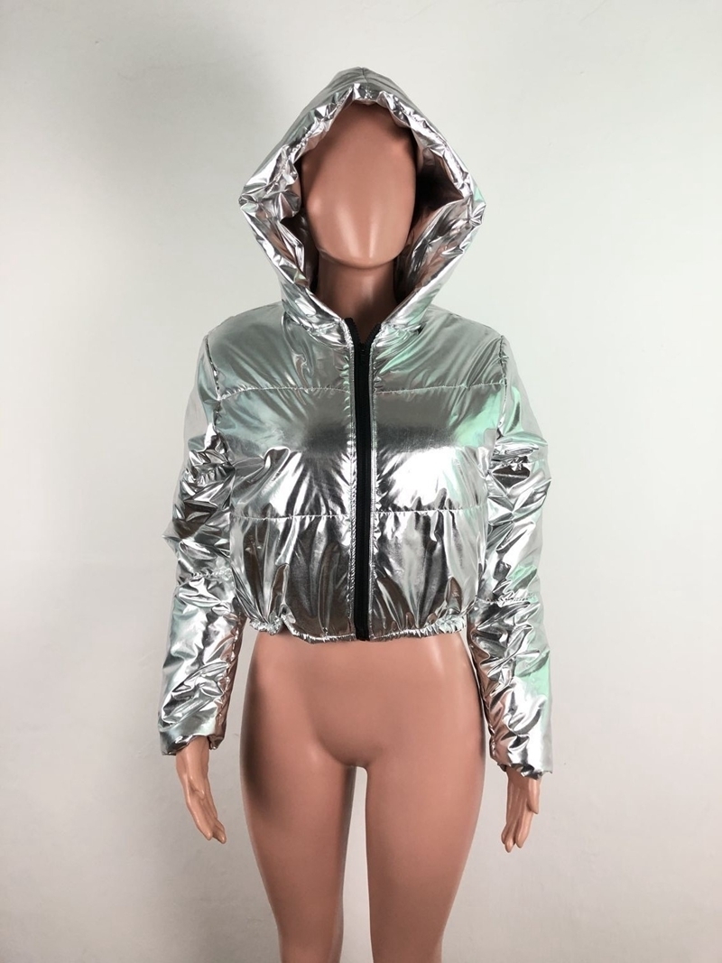 Reflective Silver Leather Winter Jacket Women 2020 Festival Warm Hooded Down Parkas Padded Crop Bubble Coat Ladies Puffer Jacket T200114