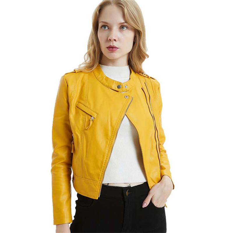 Yellow Petite Stand Collar Faux Leather Biker Jacket for Women Cute Ladies Epaulet Slant Zipper Cropped Moto PU Leather Jacket 201030