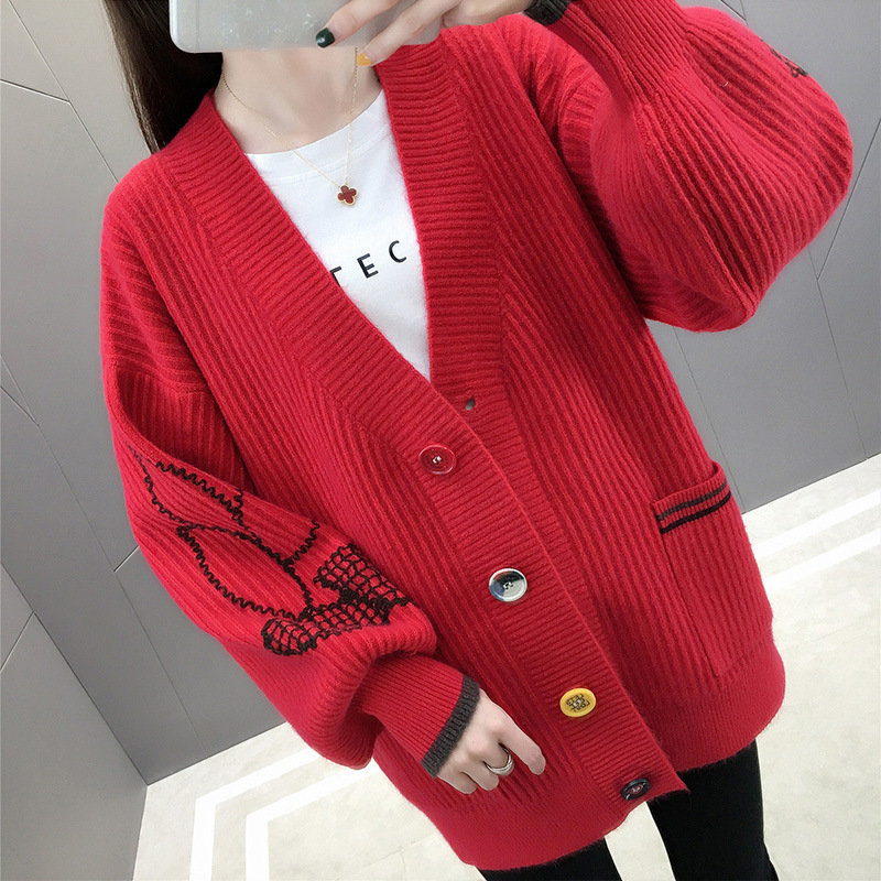 Autumn New Korean Fashion Embroidered Knitted Cardigan Women's Sweater Korean Loose Autumn and Winter Middle Long Coat 201031